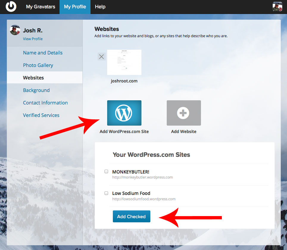 Choose from your WordPress.com sites to add to your profile.